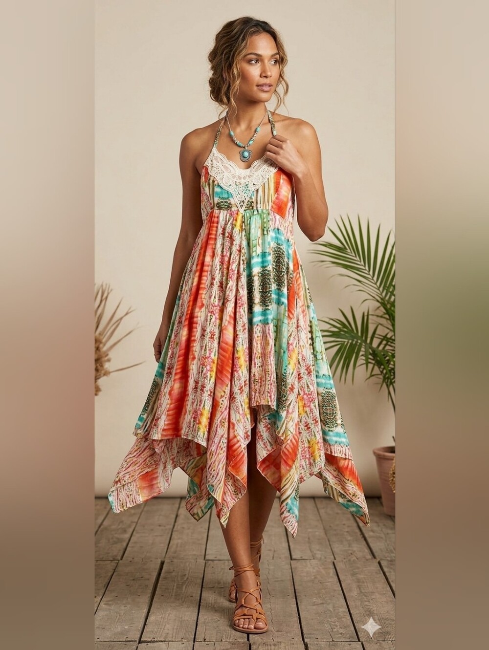 Multicolor Tie-Dye Halter Sundress with Lace Trim